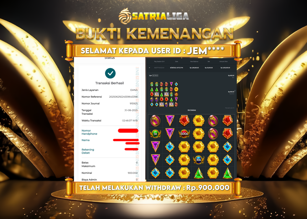 BUKTI KEMENANGAN MEMBER SATRIALIGA Rp.900.000