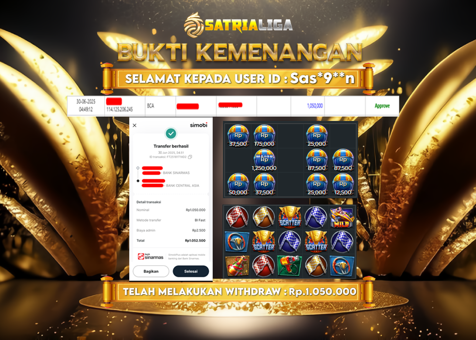 BUKTI KEMENANGAN MEMBER SATRIALIGA Rp.1.050.000