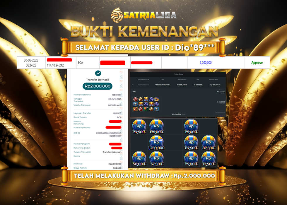 BUKTI KEMENANGAN MEMBER SATRIALIGA Rp.2.000.000