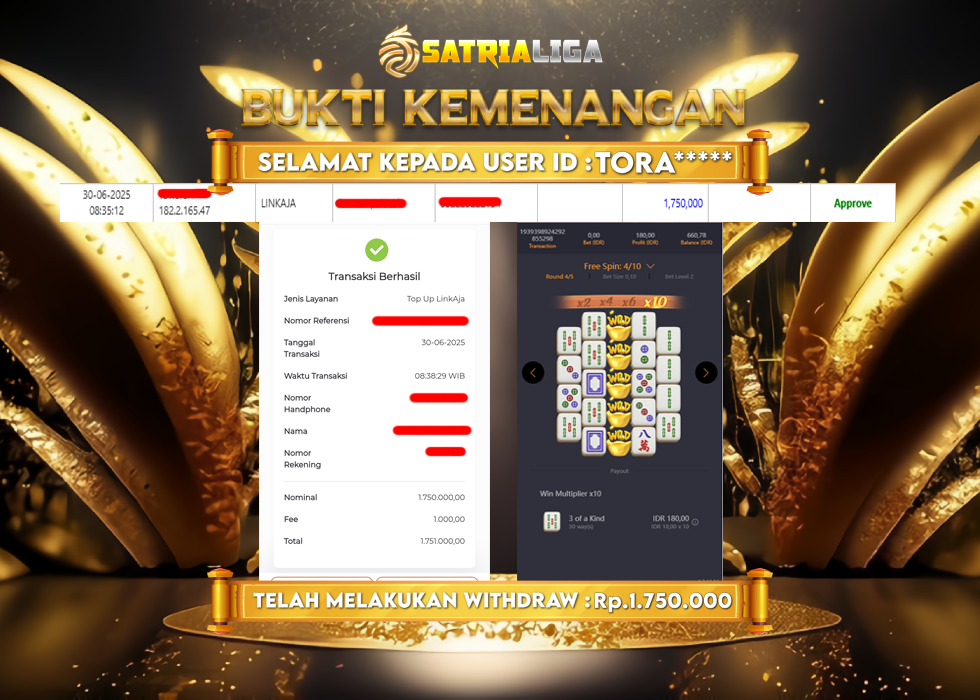 BUKTI KEMENANGAN MEMBER SATRIALIGA Rp.1.750.000