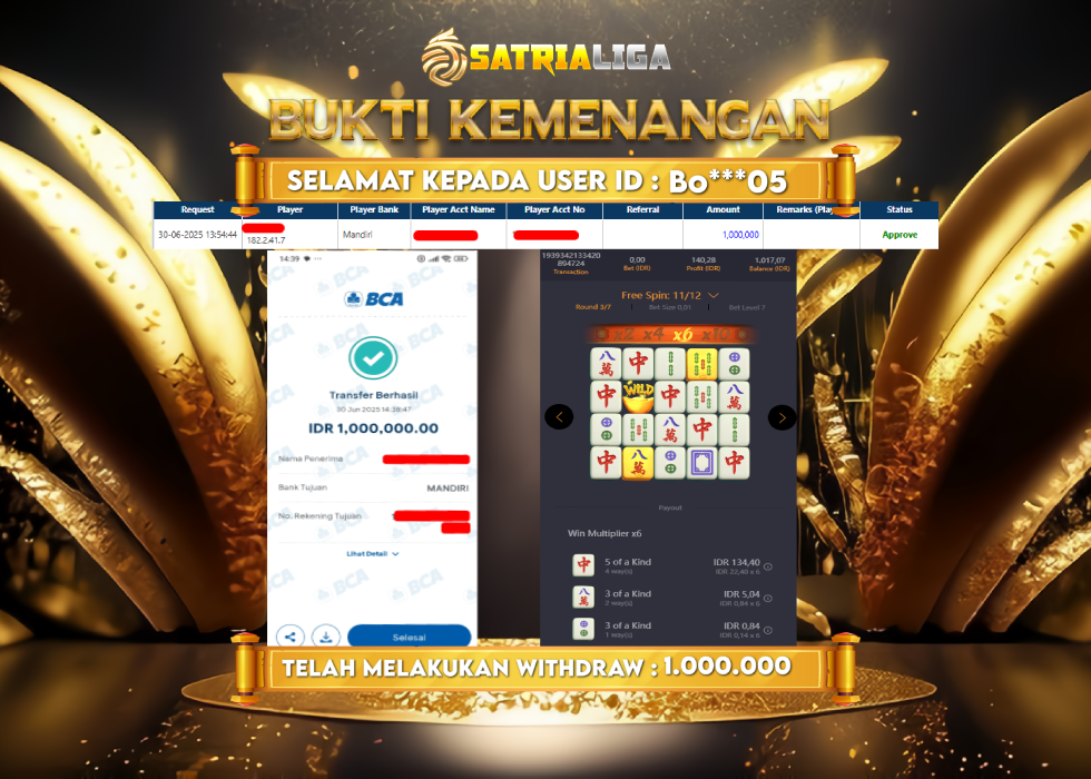 BUKTI KEMENANGAN MEMBER SATRIALIGA Rp. 1.000.000