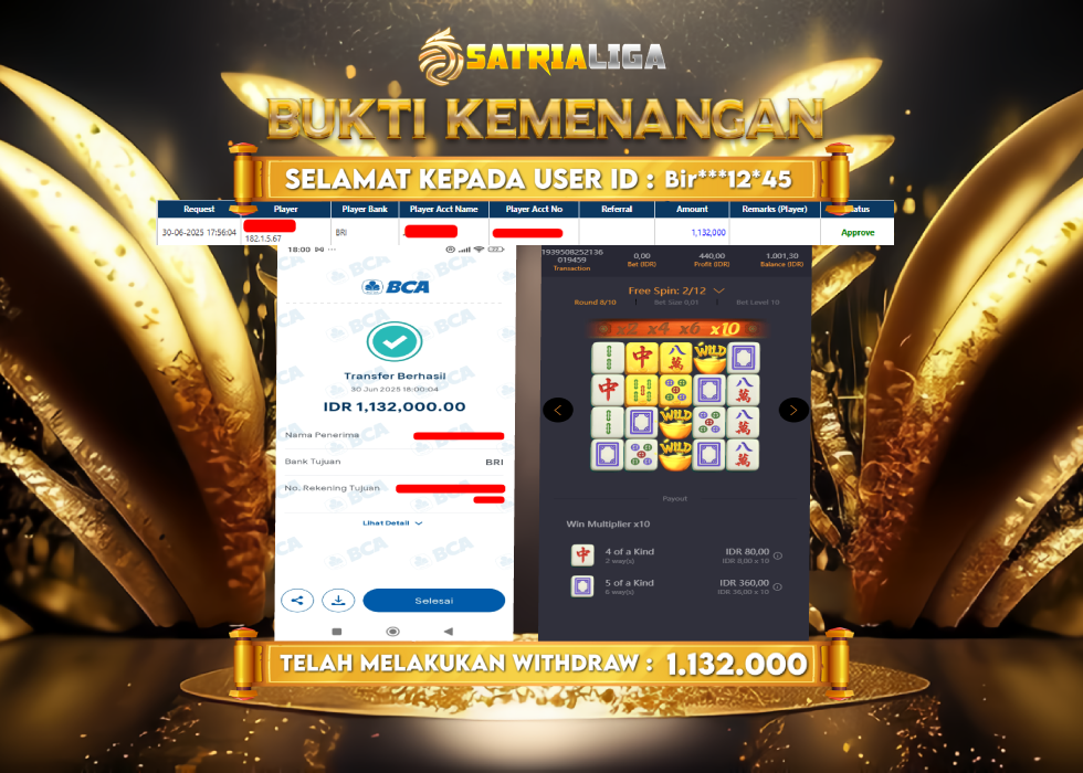 BUKTI KEMENANGAN MEMBER SATRIALIGA Rp.1.132.000