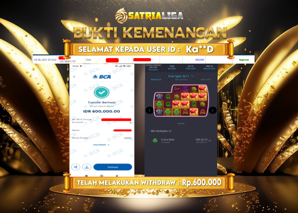 BUKTI KEMENANGAN MEMBER SATRIALIGA Rp.600.000