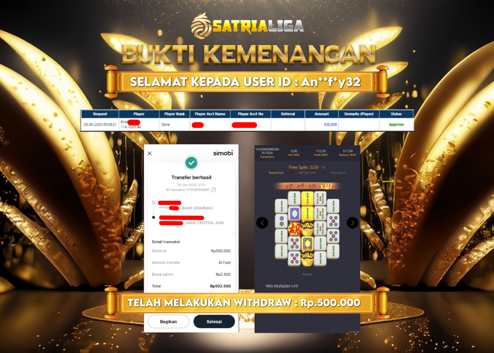 BUKTI KEMENANGAN MEMBER SATRIALIGA Rp.500.000