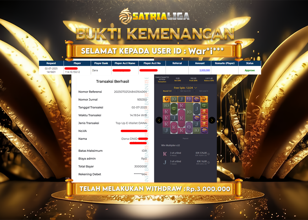 BUKTI KEMENANGAN MEMBER SATRIALIGA Rp. 3.000.000