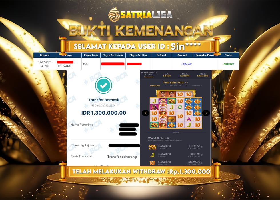 BUKTI KEMENANGAN MEMBER SATRIALIGA Rp.1.300.000