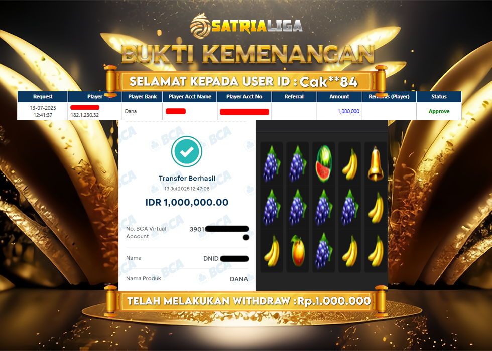 BUKTI KEMENANGAN MEMBER SATRIALIGA Rp. 1.000.000