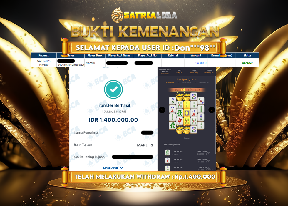BUKTI KEMENANGAN MEMBER SATRIALIGA Rp 1.400.000
