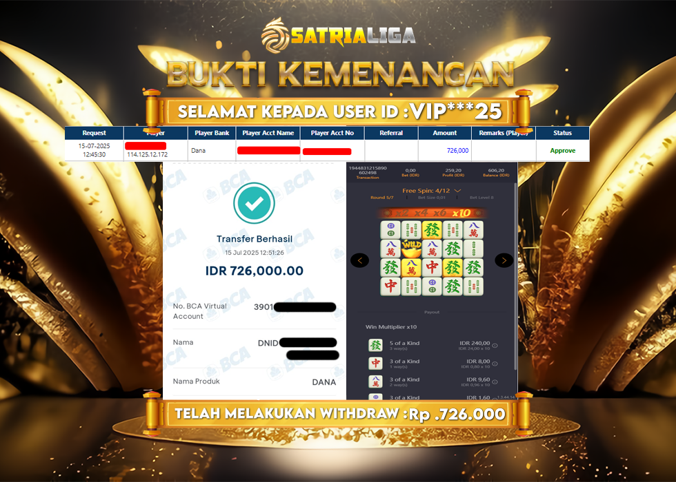 BUKTI KEMENANGAN MEMBER SATRIALIGA Rp 726.000