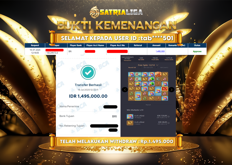 BUKTI KEMENANGAN MEMBER SATRIALIGA Rp. 1.495.000