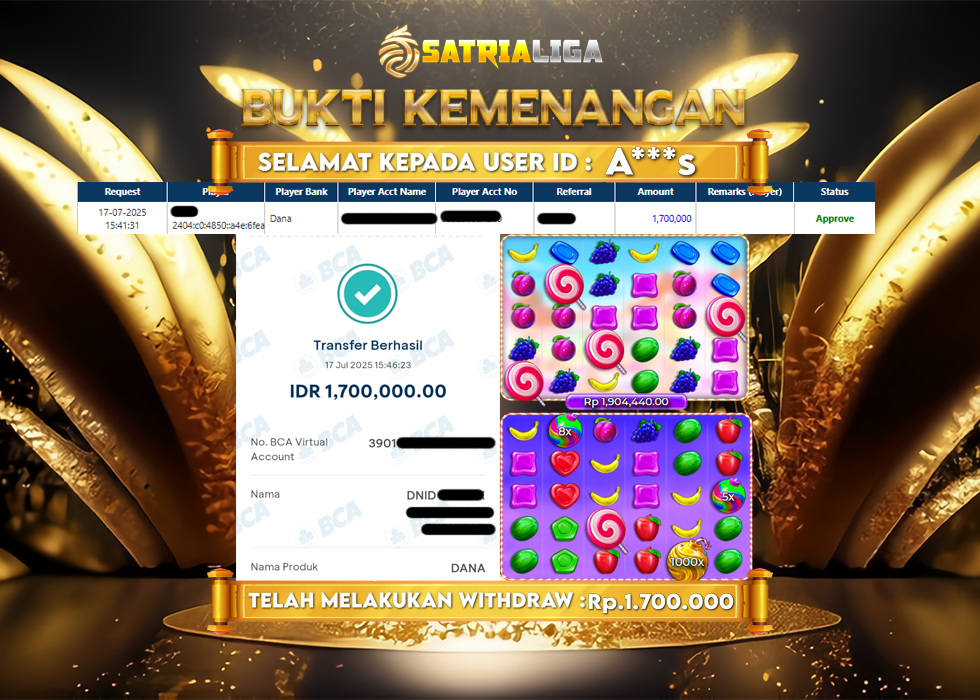 BUKTI KEMENANGAN MEMBER SATRIALIGA Rp. 1.700.000