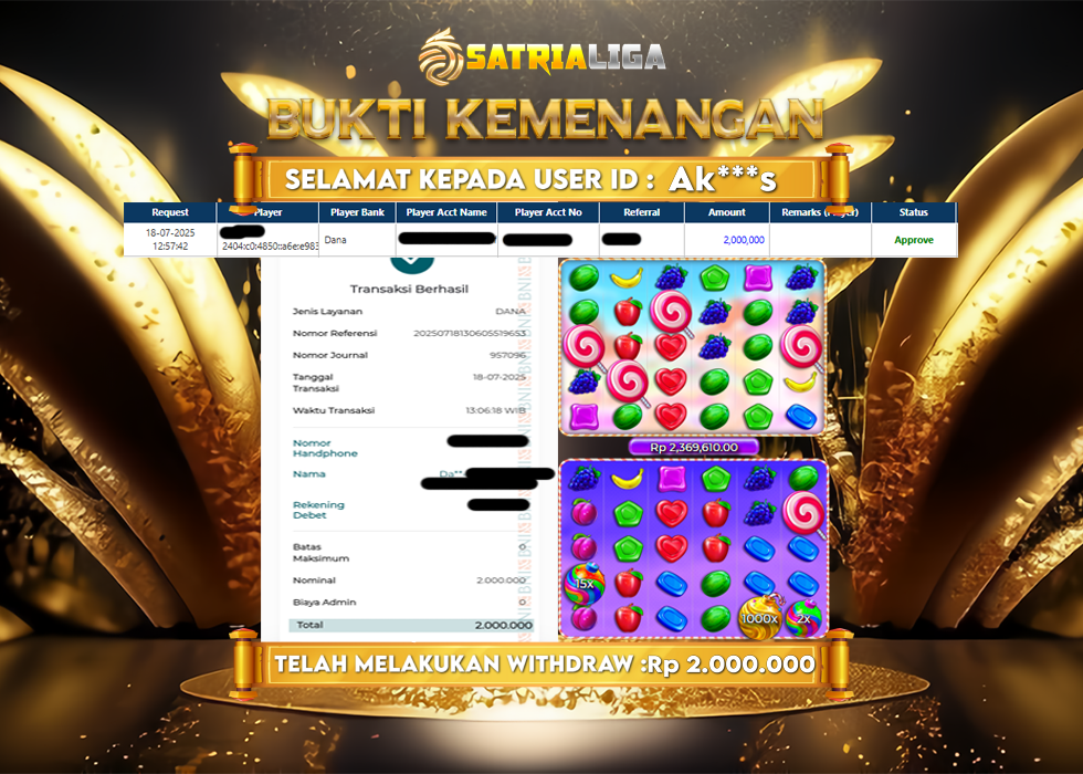 BUKTI KEMENANGAN MEMBER SATRIALIGA Rp. 2.000.000
