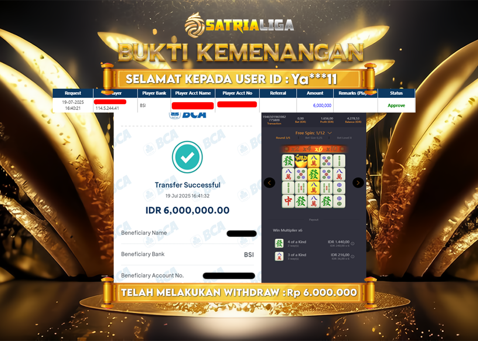 BUKTI KEMENANGAN MEMBER SATRIALIGA Rp 6.000.000