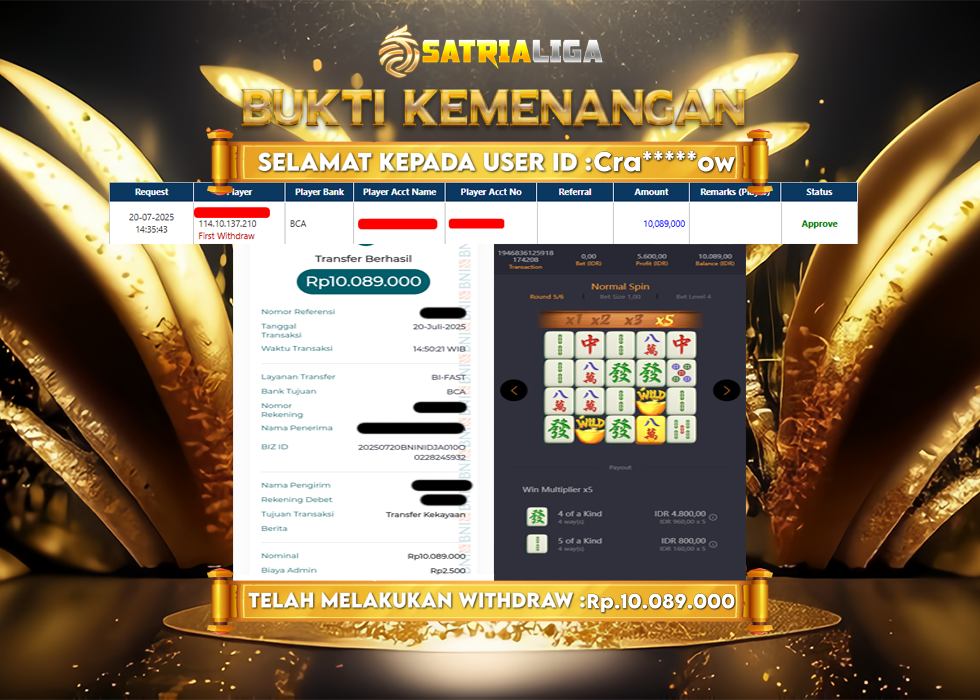 BUKTI KEMENANGAN MEMBER SATRIALIGA Rp 10.089.000