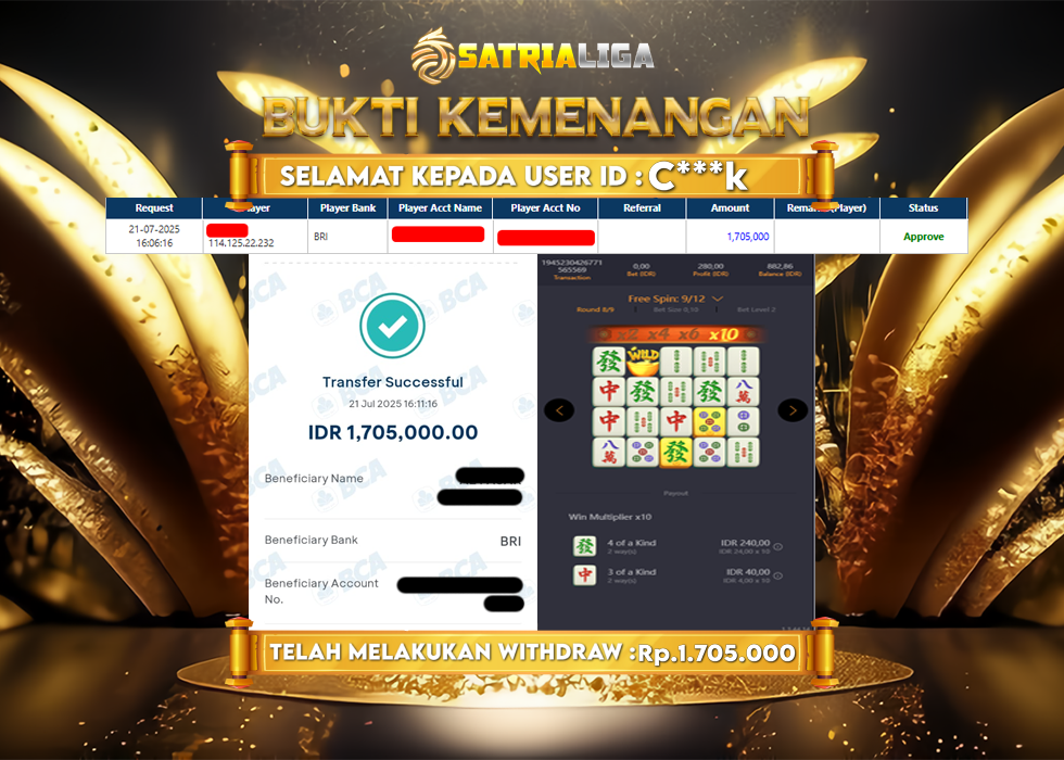 BUKTI KEMENANGAN MEMBER SATRIALIGA Rp 1.705.000