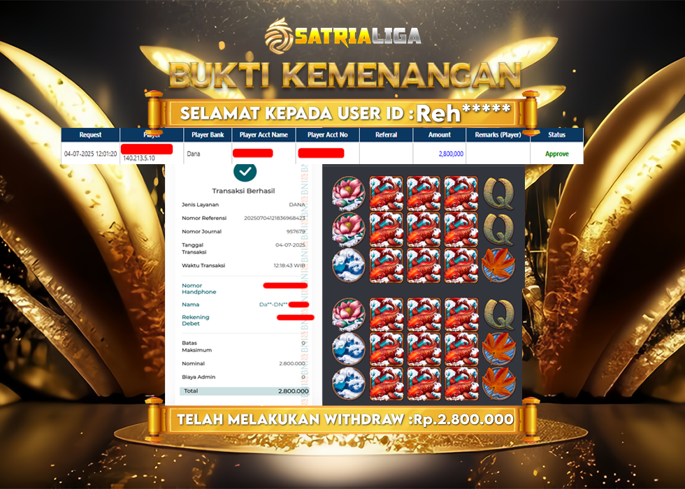 BUKTI KEMENANGAN MEMBER SATRIALIGA Rp. 2.800.000