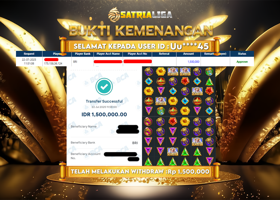 BUKTI KEMENANGAN MEMBER SATRIALIGA Rp. 1.500.000