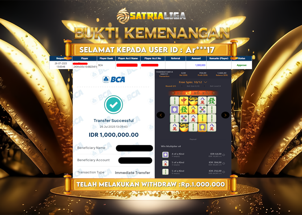 BUKTI KEMENANGAN MEMBER SATRIALIGA Rp. 1.000.000