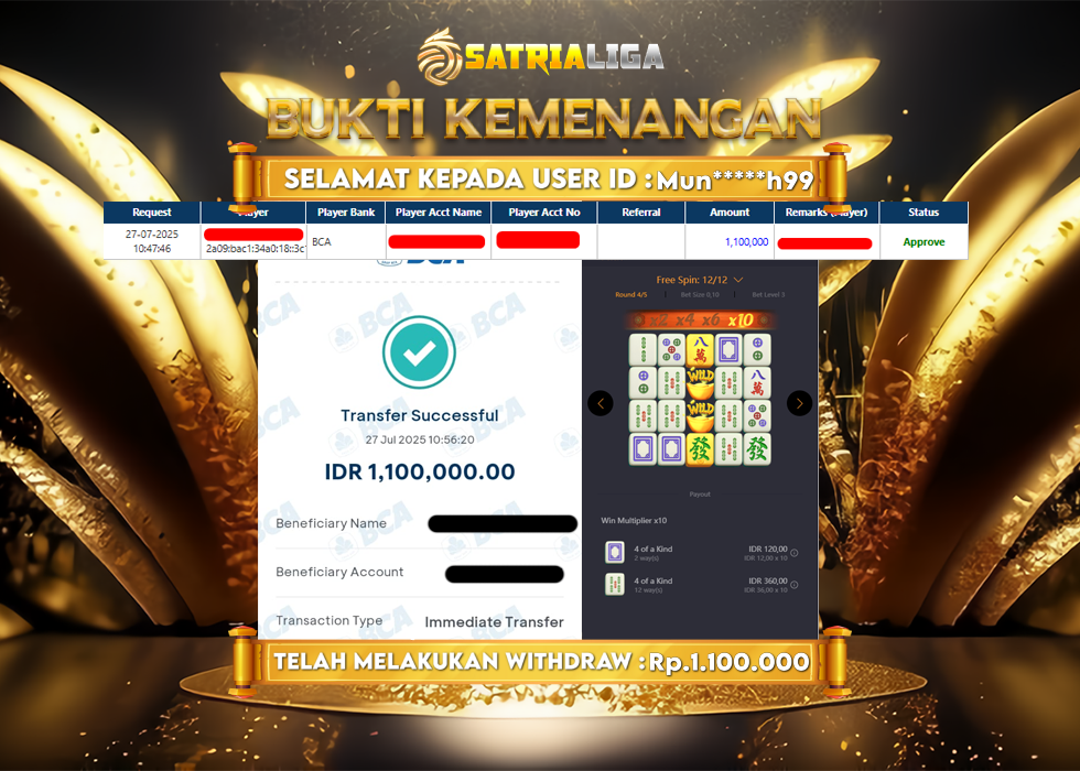BUKTI KEMENANGAN MEMBER SATRIALIGA Rp. 1.800.000
