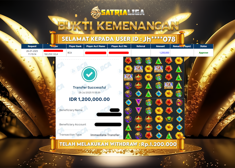 BUKTI KEMENANGAN MEMBER SATRIALIGA Rp. 1.200.000