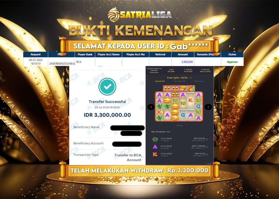 BUKTI KEMENANGAN MEMBER SATRIALIGA Rp. 3.300.000