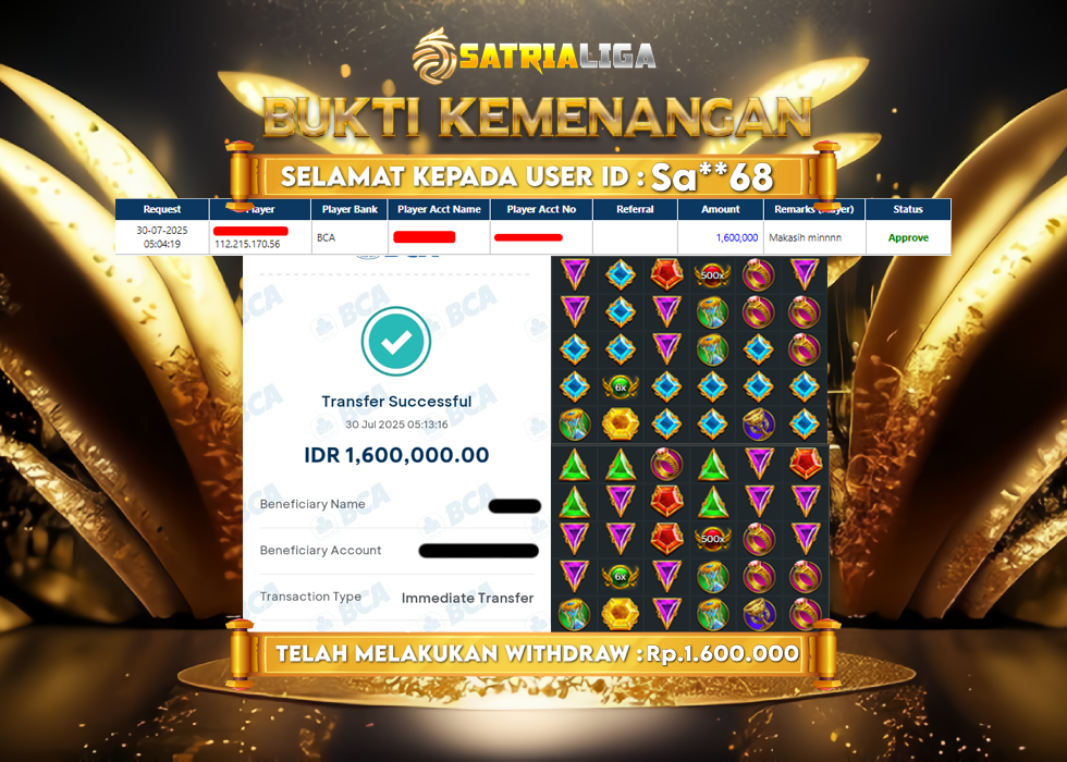BUKTI KEMENANGAN MEMBER SATRIALIGA Rp. 1.600.000