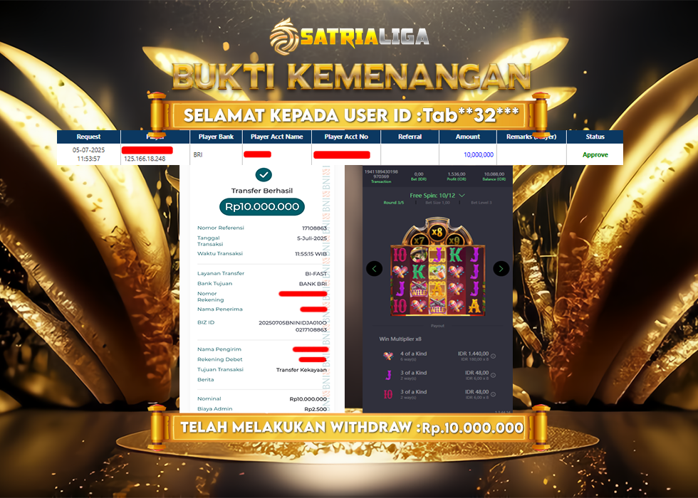 BUKTI KEMENANGAN MEMBER SATRIALIGA Rp. 10.000.000