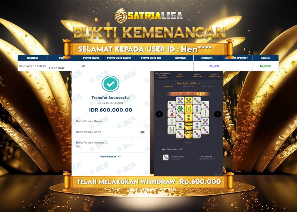BUKTI KEMENANGAN MEMBER SATRIALIGA Rp. 600.000