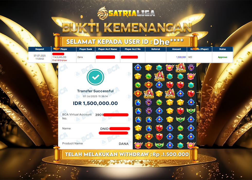 BUKTI KEMENANGAN MEMBER SATRIALIGA Rp. 1.500.000