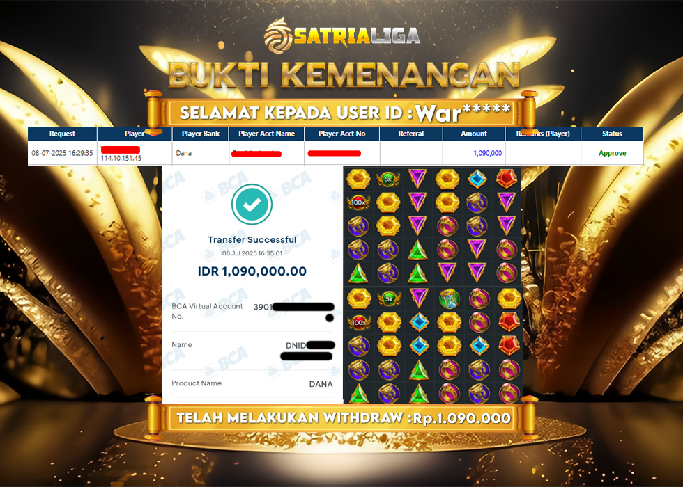 BUKTI KEMENANGAN MEMBER SATRIALIGA Rp. 1.060.000