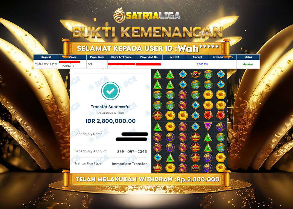 BUKTI KEMENANGAN MEMBER SATRIALIGA Rp. 2.800.000