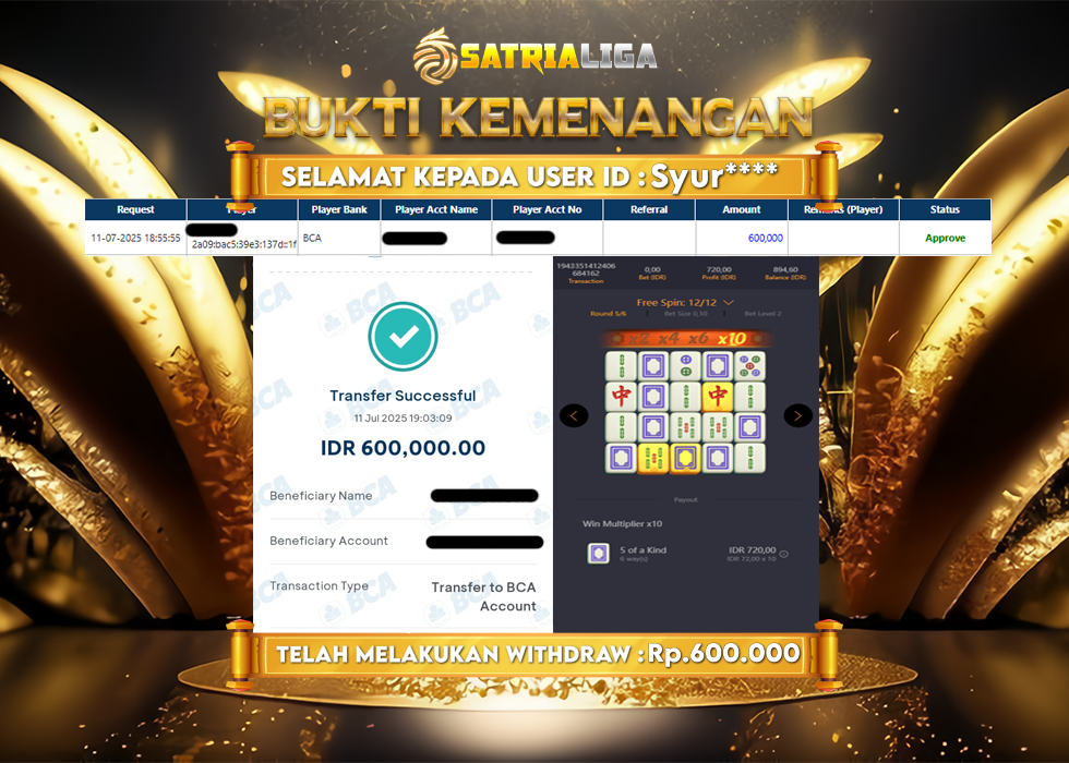 BUKTI KEMENANGAN MEMBER SATRIALIGA Rp.600.000