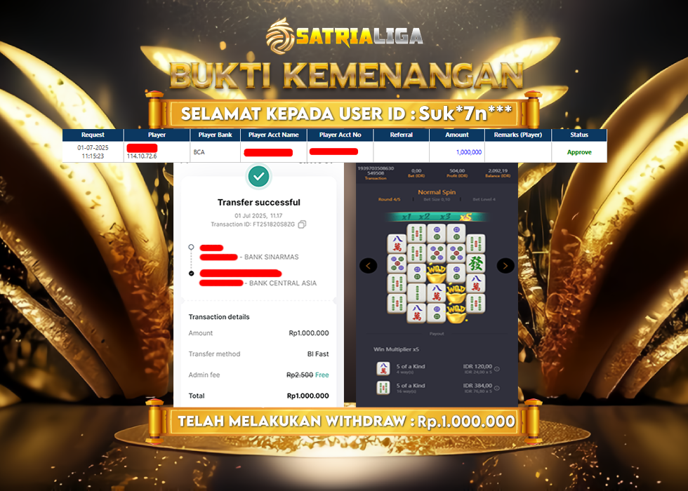 BUKTI KEMENANGAN MEMBER SATRIALIGA Rp. 1.000.000