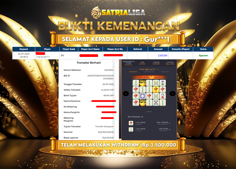 BUKTI KEMENANGAN MEMBER SATRIALIGA Rp. 3.500.000