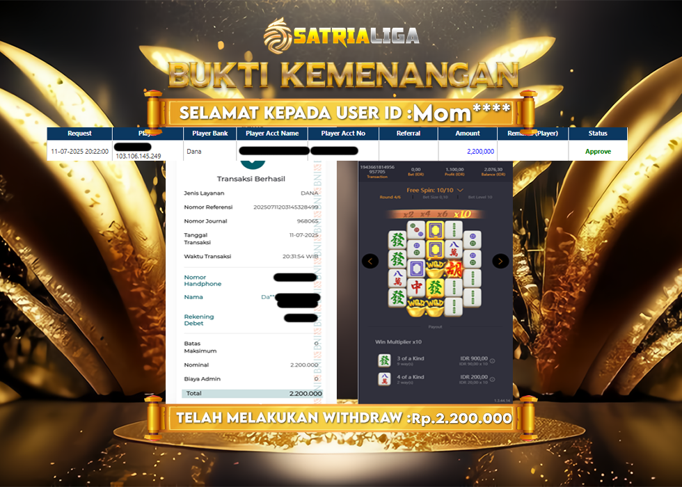 BUKTI KEMENANGAN MEMBER SATRIALIGA Rp.2.200.000