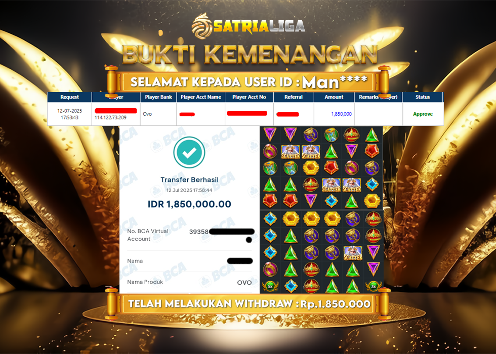 BUKTI KEMENANGAN MEMBER SATRIALIGA Rp.1.850.000