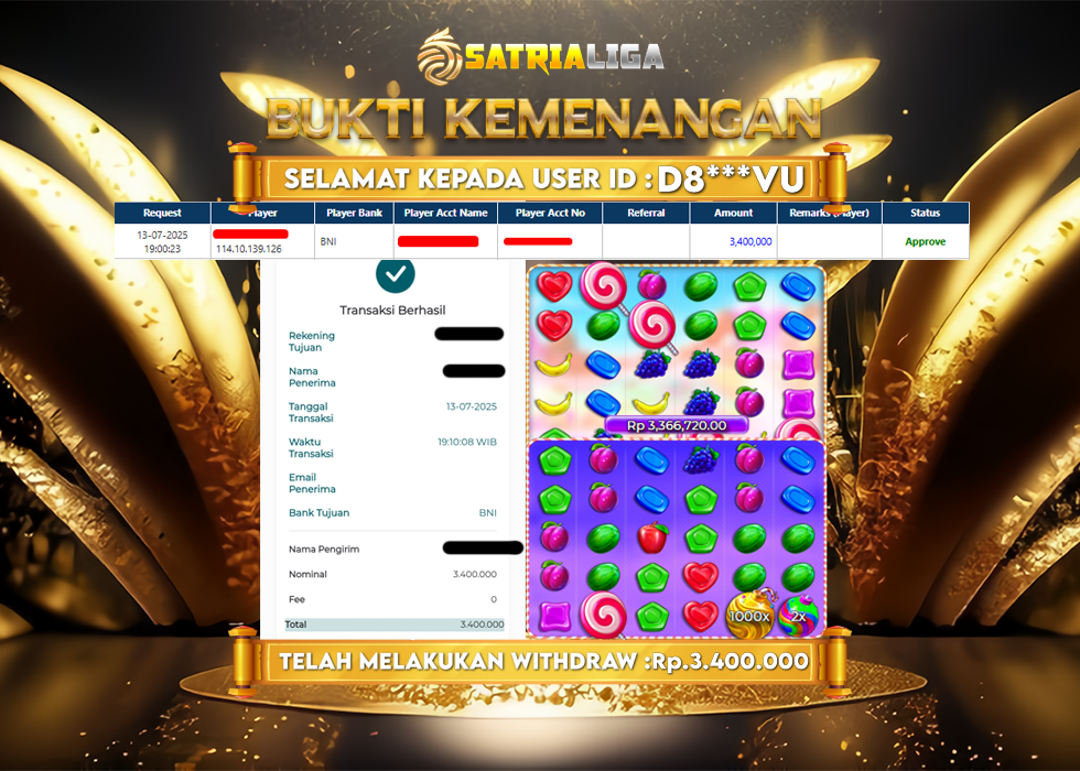BUKTI KEMENANGAN MEMBER SATRIALIGA Rp. 3.400.000
