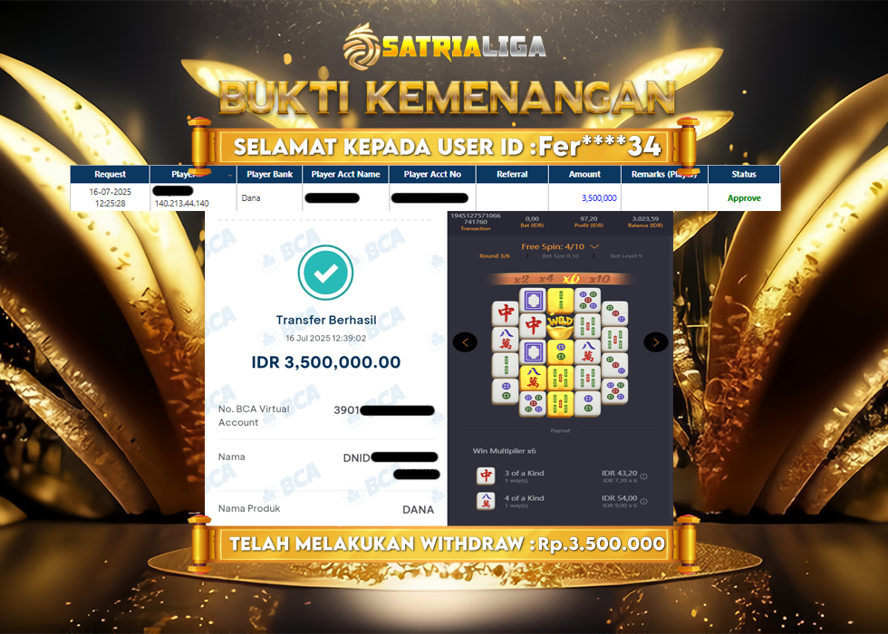 BUKTI KEMENANGAN MEMBER SATRIALIGA Rp. 3.500.000