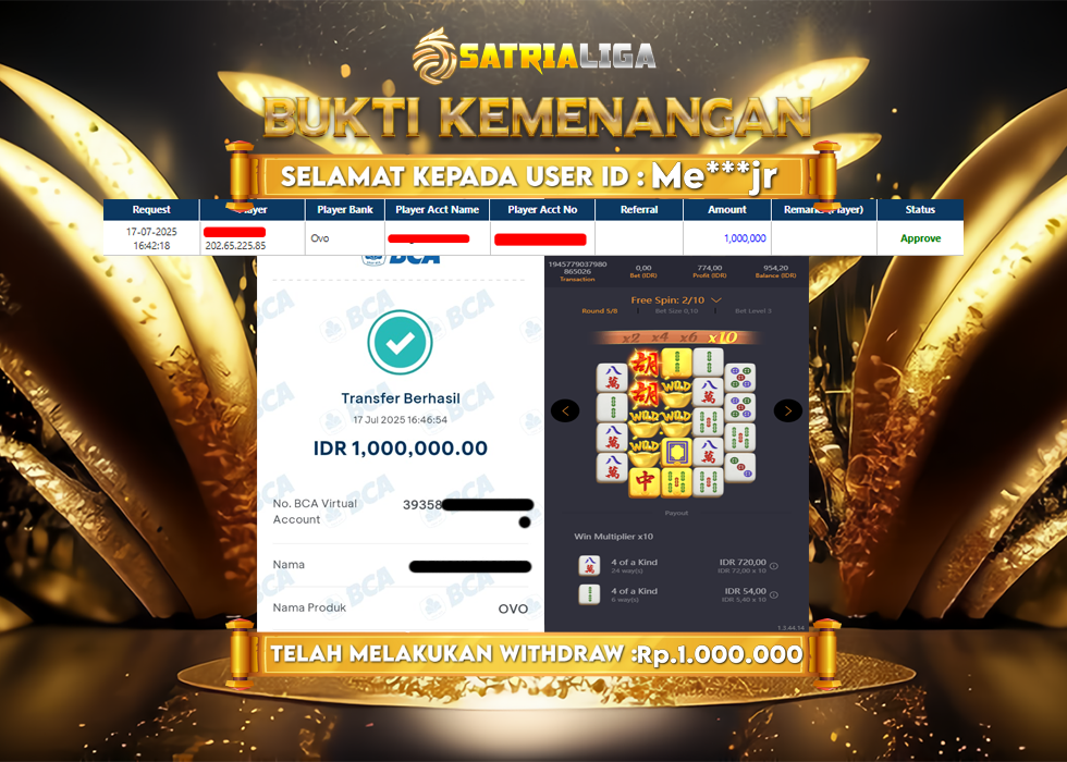 BUKTI KEMENANGAN MEMBER SATRIALIGA Rp. 1.000.000