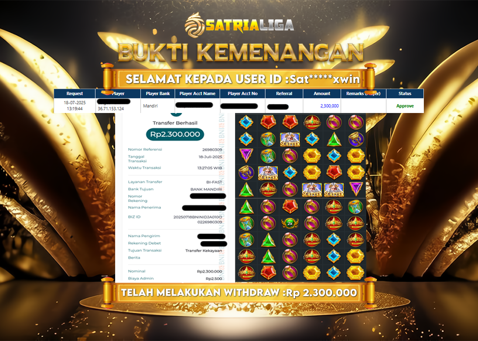 BUKTI KEMENANGAN MEMBER SATRIALIGA Rp. 2.300.000