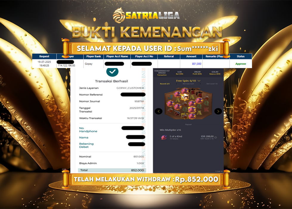 BUKTI KEMENANGAN MEMBER SATRIALIGA Rp 851.000