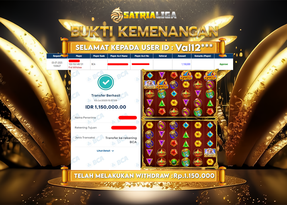 BUKTI KEMENANGAN MEMBER SATRIALIGA Rp. 1.150.000
