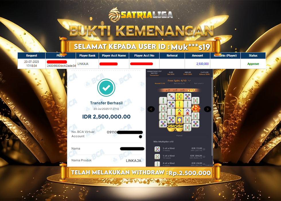 BUKTI KEMENANGAN MEMBER SATRIALIGA Rp 2.500.000