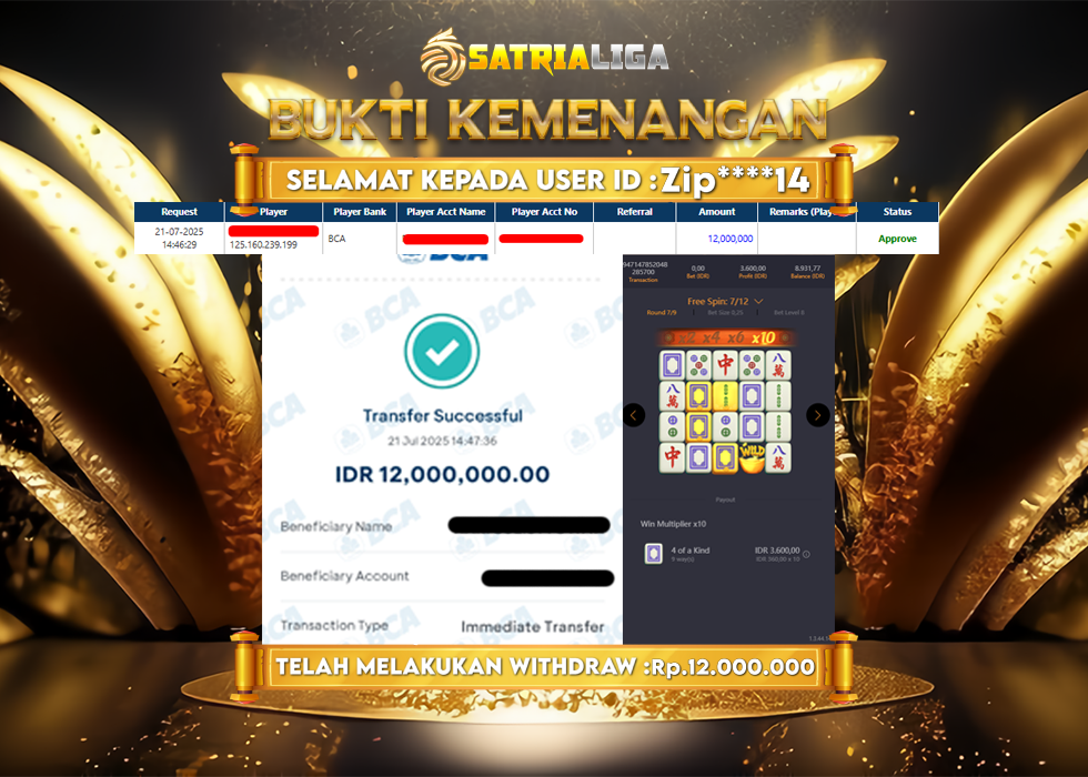 BUKTI KEMENANGAN MEMBER SATRIALIGA Rp 12.000.000