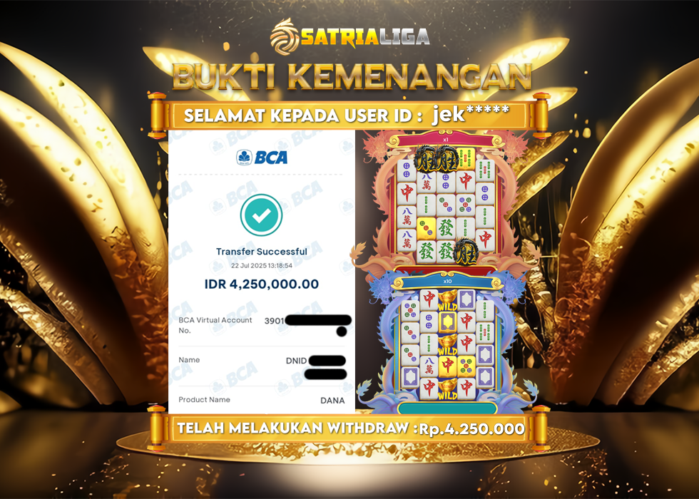 BUKTI KEMENANGAN MEMBER SATRIALIGA Rp. 4.250.000