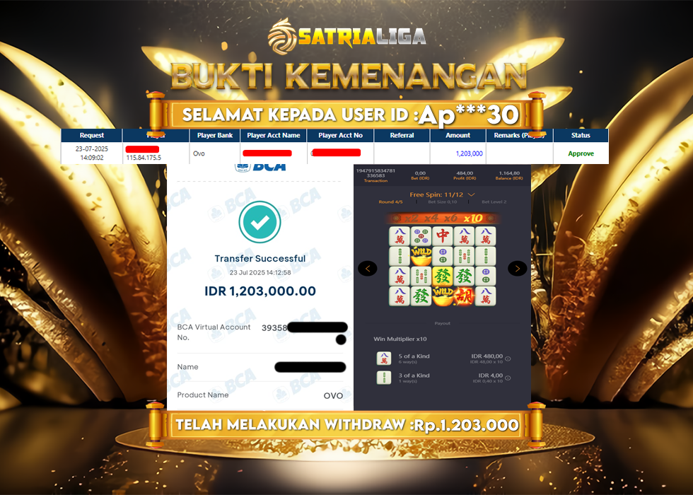 BUKTI KEMENANGAN MEMBER SATRIALIGA Rp. 1.203.000