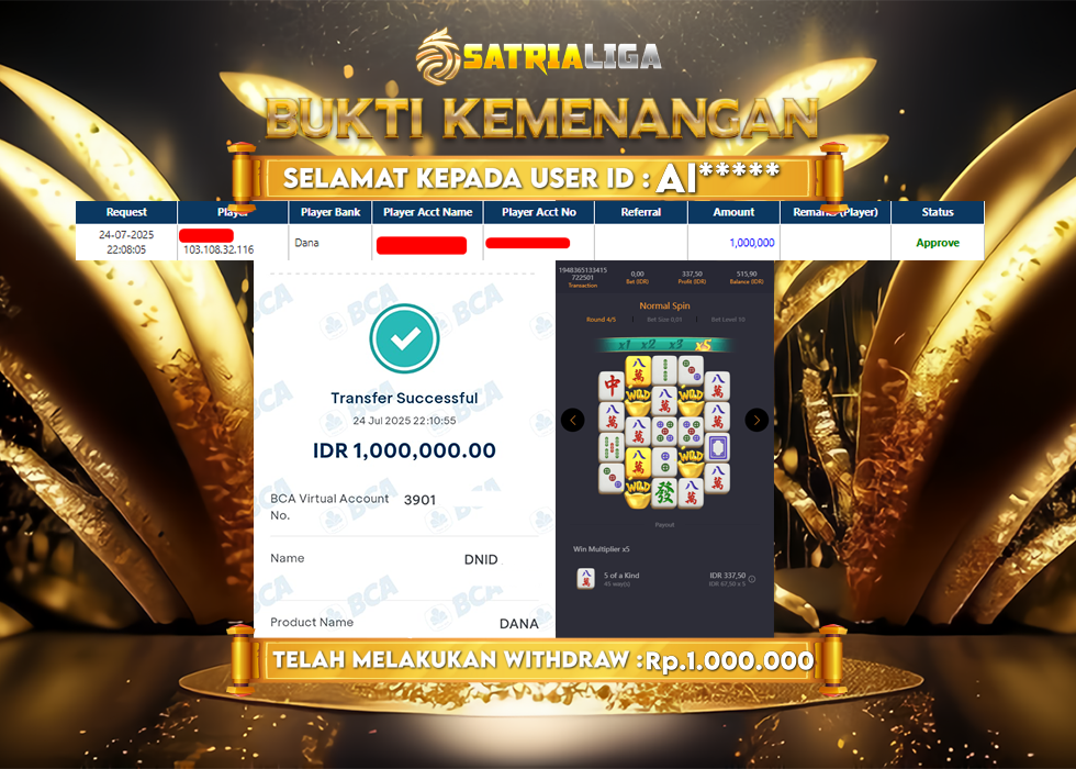 BUKTI KEMENANGAN MEMBER SATRIALIGA Rp. 1.000.000