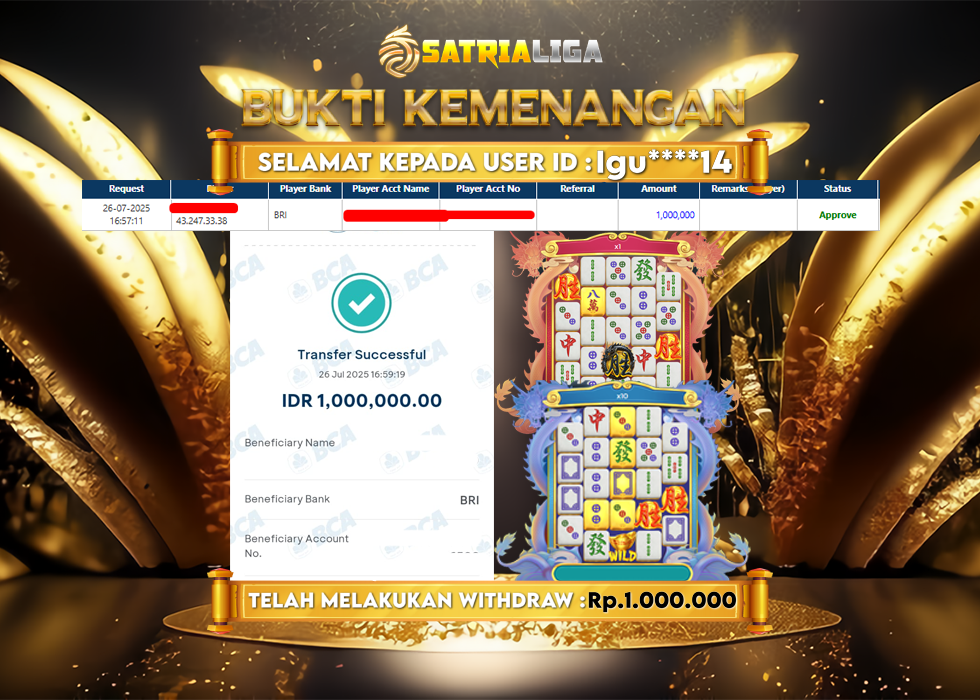 BUKTI KEMENANGAN MEMBER SATRIALIGA Rp. 1.000.000