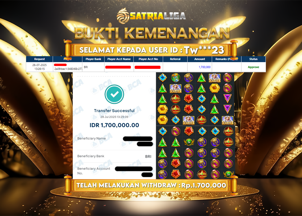 BUKTI KEMENANGAN MEMBER SATRIALIGA Rp. 1.700.000