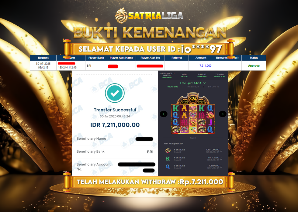 BUKTI KEMENANGAN MEMBER SATRIALIGA Rp. 7.211.000